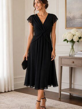Jasambac Women's Black Midi Dress Twist Front V-Neck Flutter Sleeve Sz M 1141